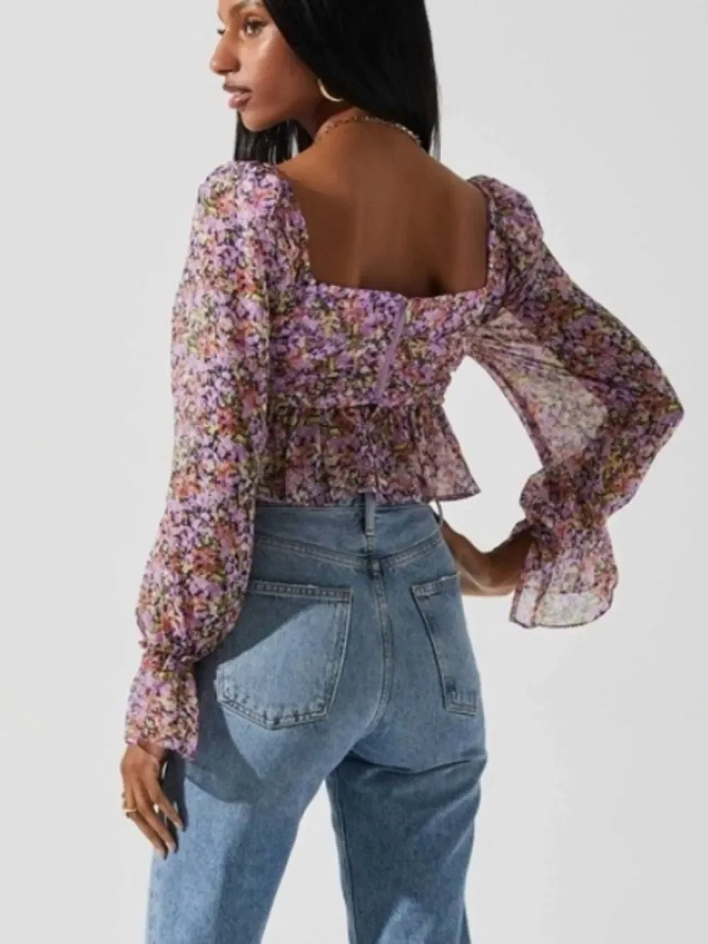 Astr Lavender Floral Puff-Sleeve Cropped Blouse size small